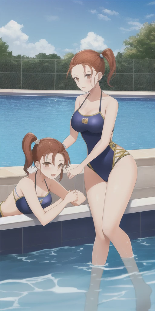masterpiece, best quality, 2girls,full body, Mother and daughter, Voluptious body, mothers_and_daughter, age differrence,in swimming pool