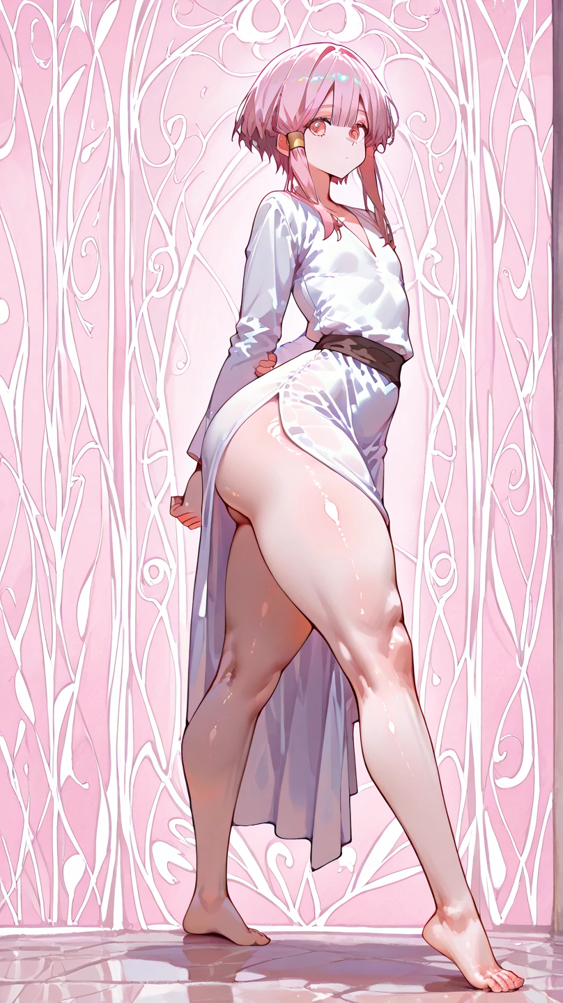 Beautiful woman, Triss merigold, full body shot, (shot from below:1.4), beautiful figure, red hair, green eye colour, black eyeliner, wearing a white wedding dress with white stockings and garter belts, inside church background, best quality, 4k, beautiful lighting, dynamic shadows