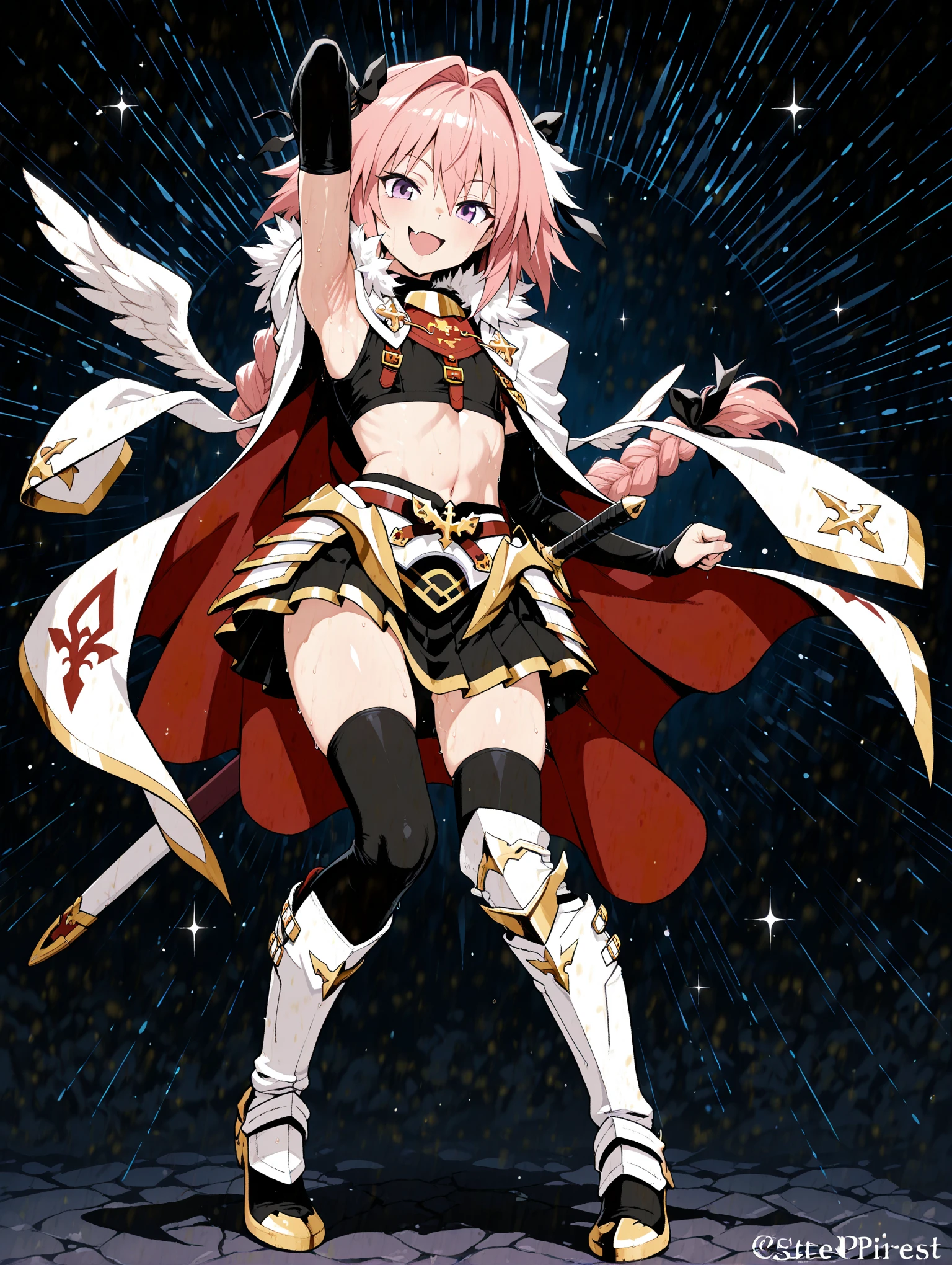 The character is an kemono furry cat with purple fluffy fur and pink glowing accents. They have distinct features including pink horns, a fluffy mane, and sharp claws. They wear fingerless gloves, and underwear, with a flowing cape or cloak. The character has a mix of cute and fierce attributes, with vibrant colors and a dynamic pose that showcases their unique design and fantasy elements."