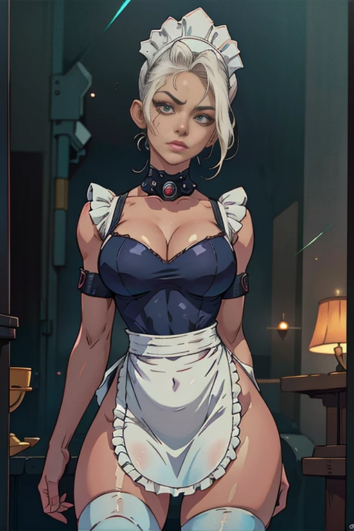 Robot Housewife, milf, silver hair, ahoge, dark skin, green eyes, blue dress, lipstick, mechanical hands, doll case