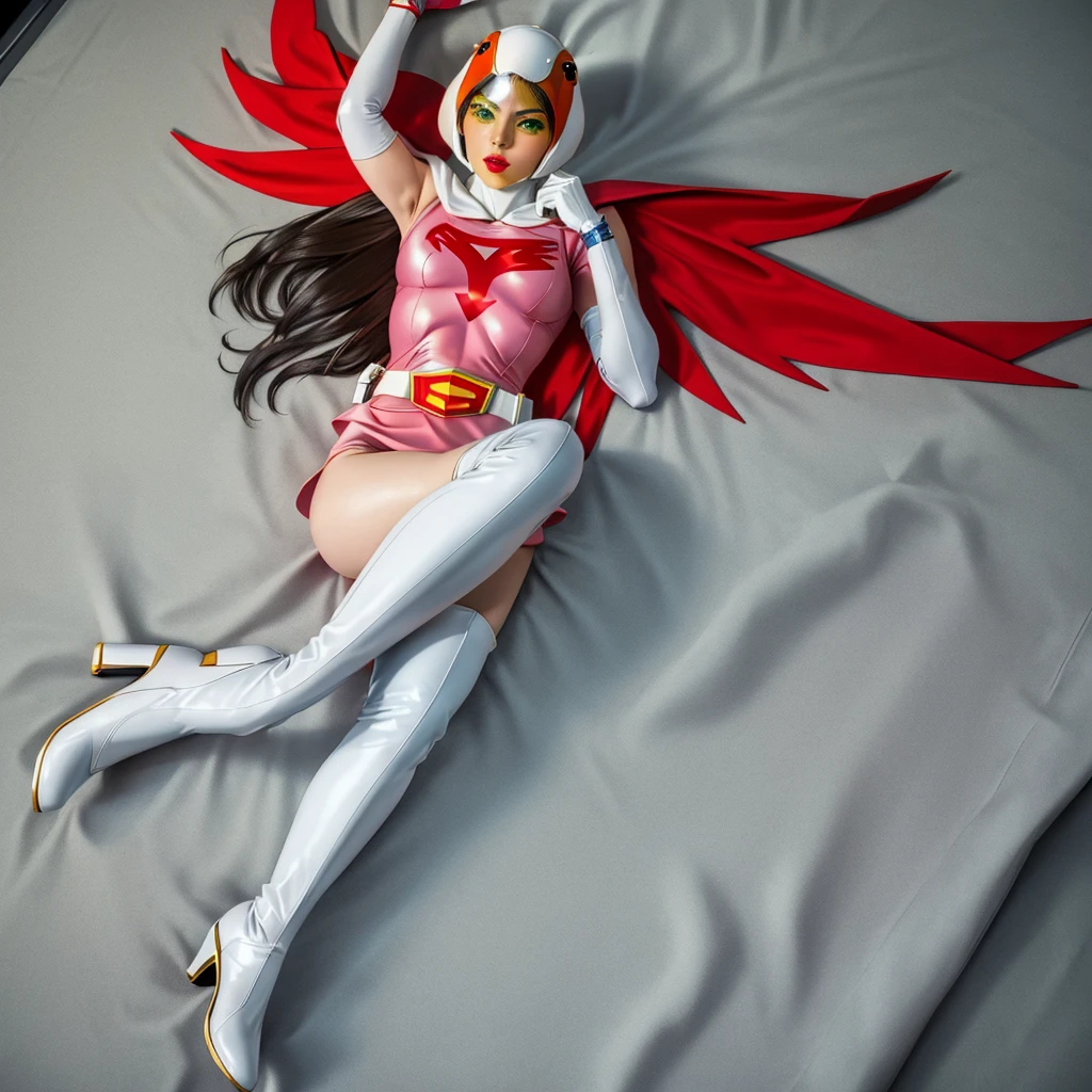 ANI_CLASSIC_jun_gatchaman_ownwaifu,1girl, 16 years old,good anatomy, masterpiece, best quality,realistic, hyperrealistic, 16k hdr, long hair,breasts,green eyes,lips,large breasts,lipstick,makeup,gloves,cape,helmet,belt,elbow gloves,white gloves,mask,ultra miniskirt,leotard,spacesuit,white tight overknee highheels boots,pink dress,superhero,bodysuit,cleavage,erected nipples,(lying flat poses, view from above),cameltoe