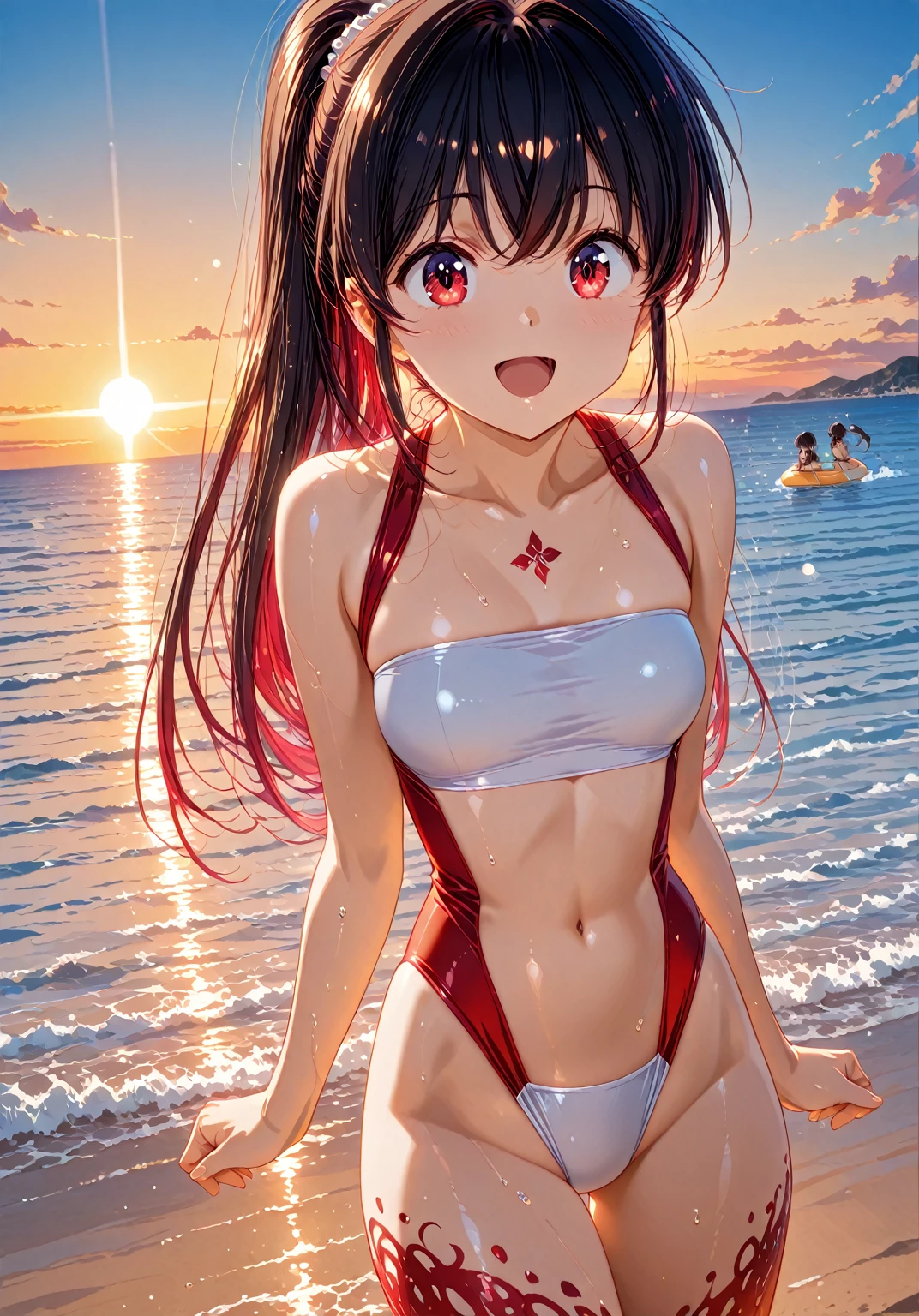 Sexy indian girl, wearing realistic red color micro bikini, walking on beach, beautiful sunset and ocean view, beautiful realistic girl, sedative smile on face