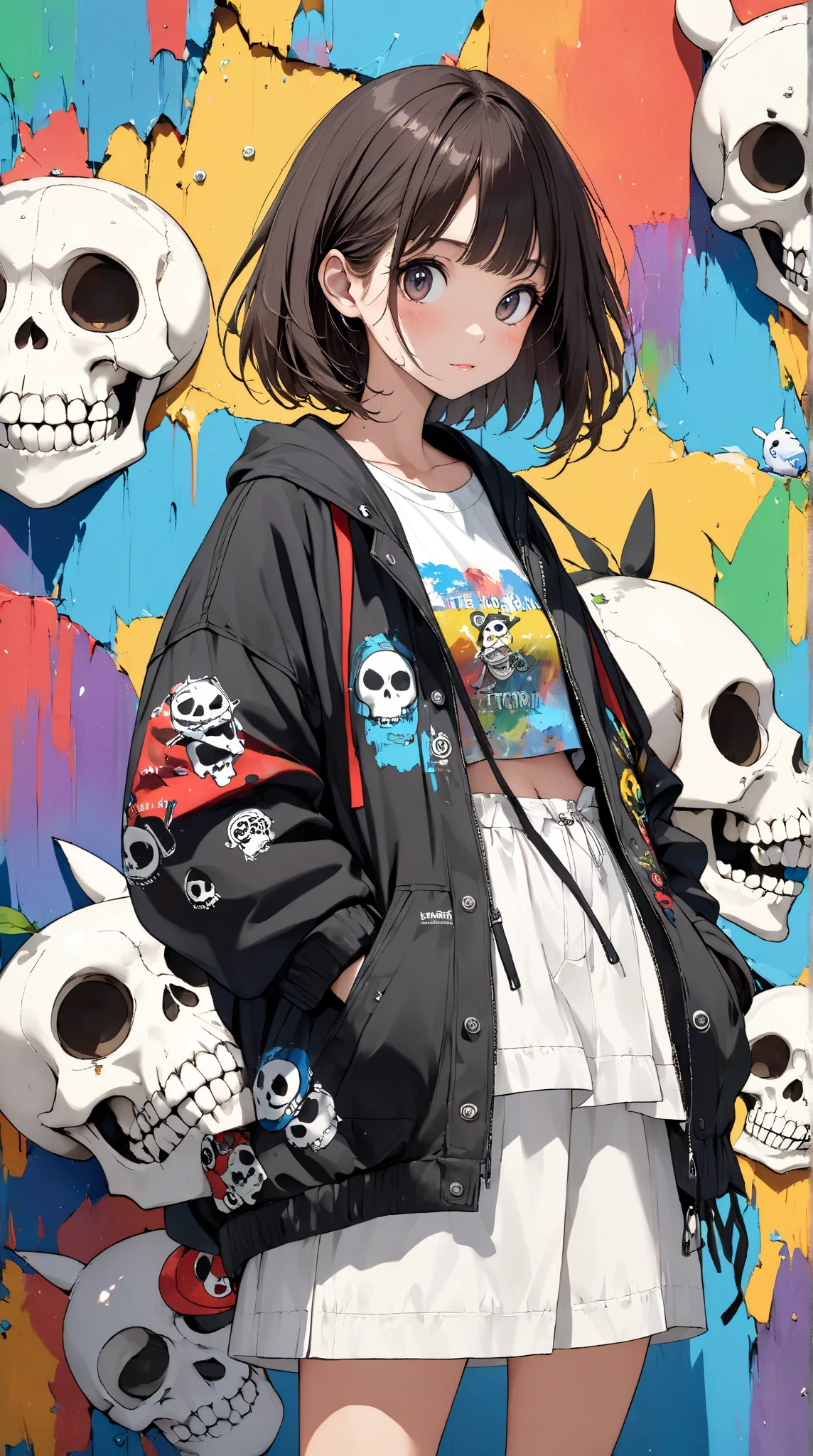 A boy with short hair, bangs that cover the eyes, fluffly, and blushed, de 16 anos, with a big, baggy sweatshirt with a skull print, wearing short shorts, and an effeminate male body, dark blue black hair, cor da pele, pale white Make just one character