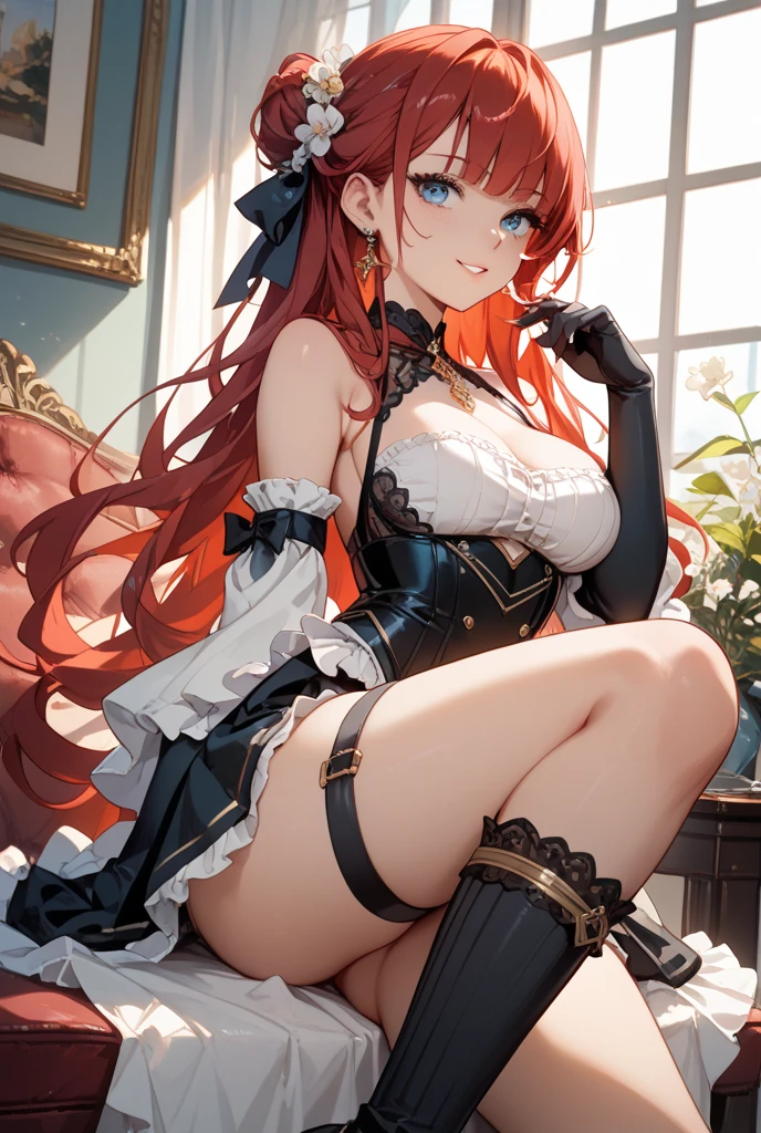 Izayoi (blazblue), orange eyes, red hair, ponytail, long hair, Small breasts, armor, bodysuit, boots, skin tight, skirt, thigh boots, thighhighs, 1girl, solo, facing viewer, looking at viewer, upper body, smile, sitting
