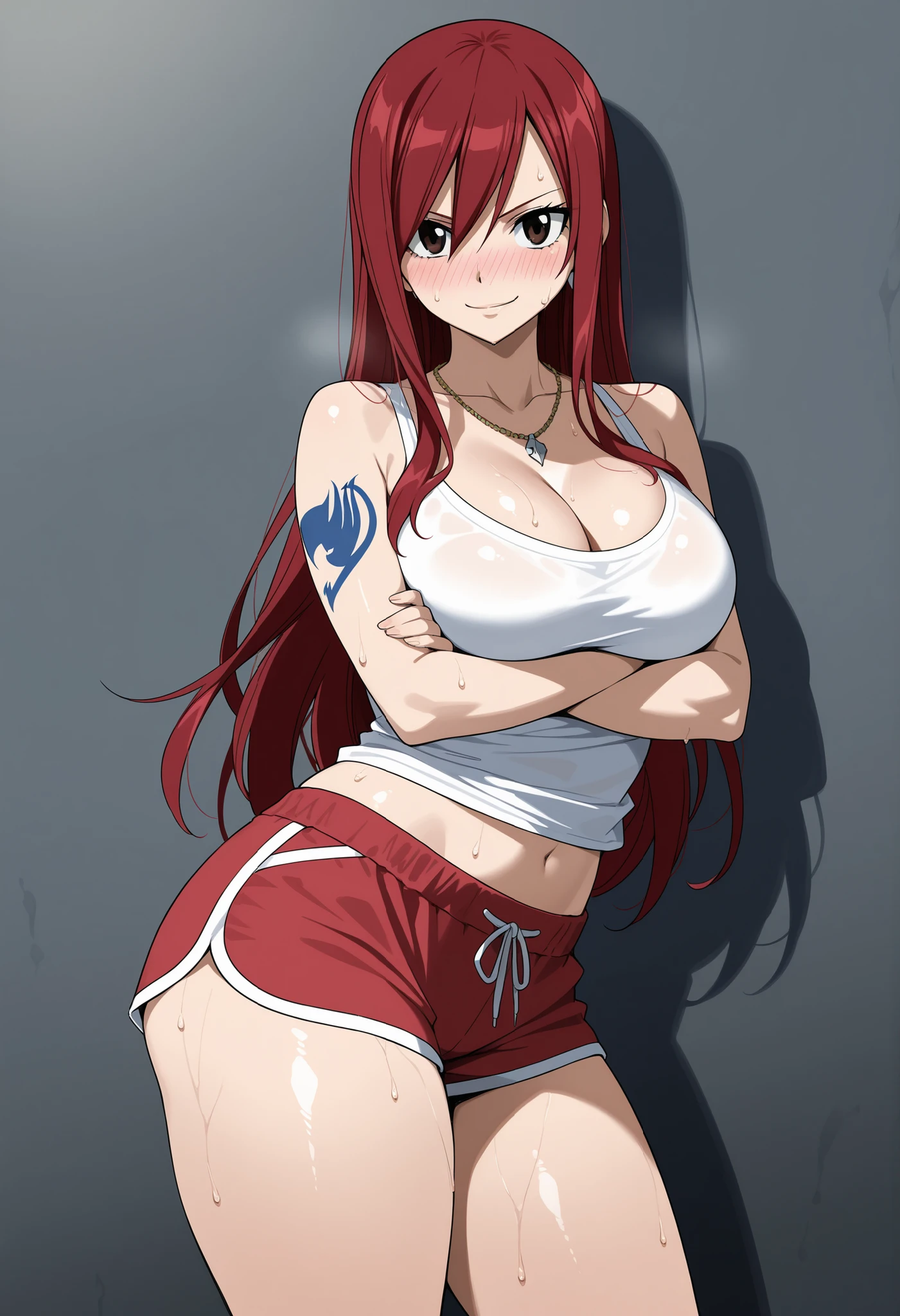 anime girl with red hair and blue shorts holding a bottle of water, Erza Scarlet como uma pessoa real, [ arte digital 4k ]!!,  anime drinks energy drink, garota anime sedutora,  apta, estilo anime 4k, 4K manga wallpaper, trabalhando fora, arte digital detalhada de anime, garota de anime atraente, muscular!, Papel de parede de anime 4K