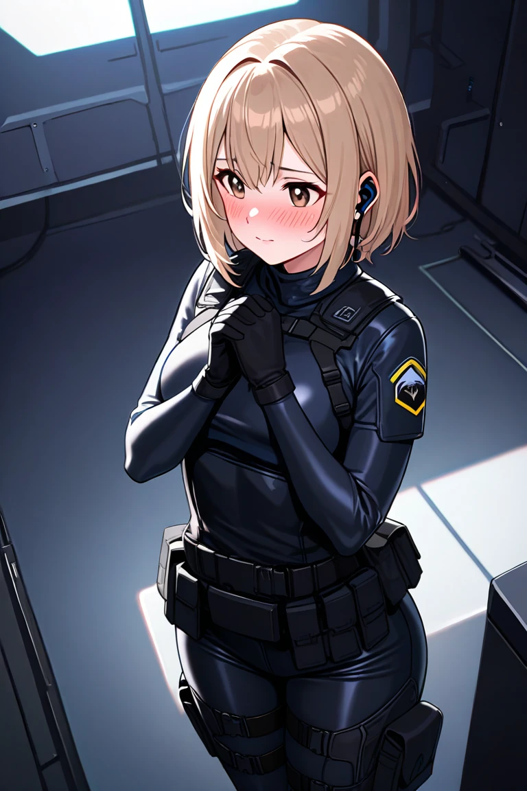 masterpiece, highest quality,High resolution,,1 girl, AND18, 1 girl, android 18, alone, golden hair,blue eyes, short hair,earrings,frown,blush, Sweat,,black tight suit,put your hands on your hips,serious face,graduate School,Research room,