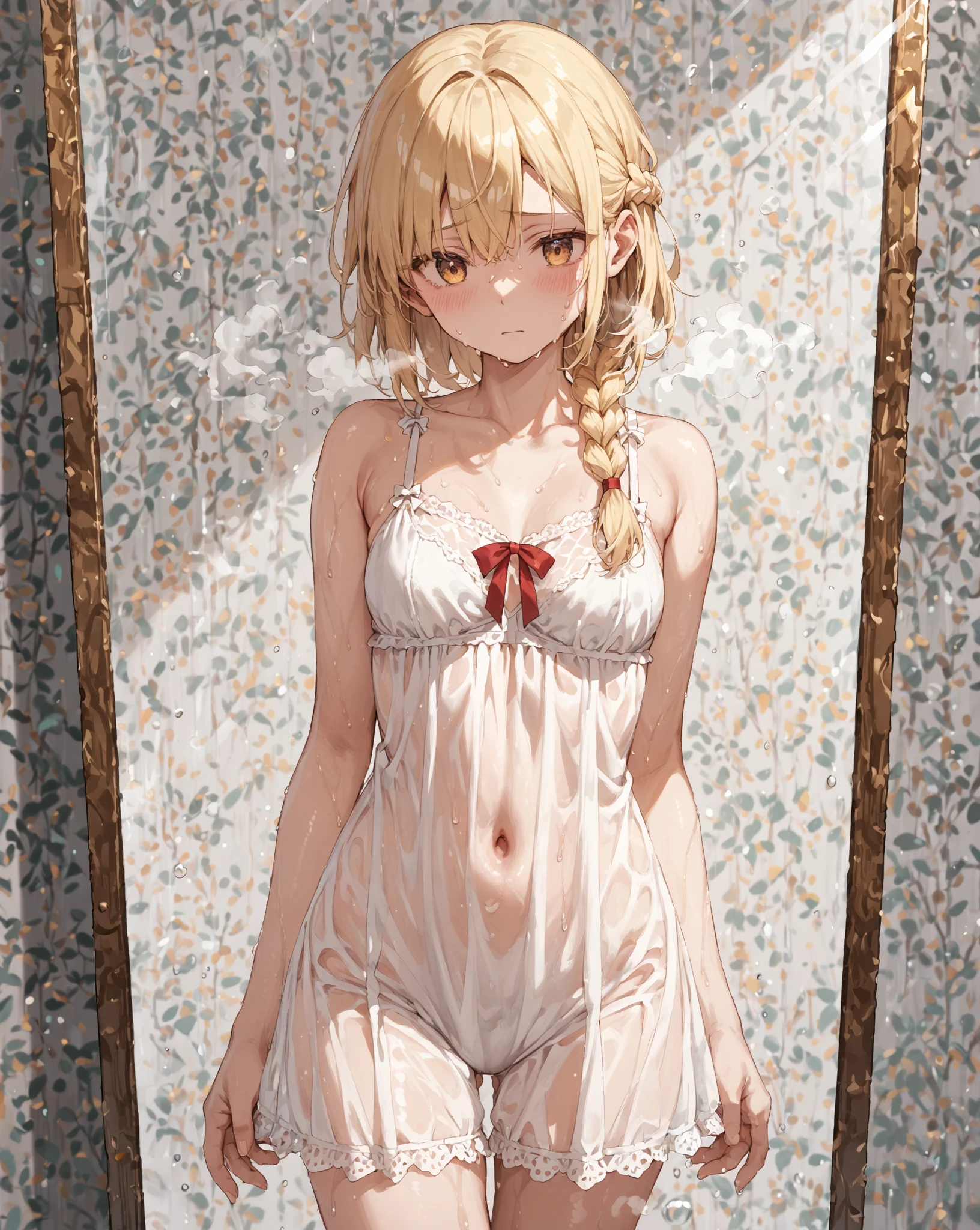 Traditional Media:1.2), (2D:1.2), (Center:1.3), Illustration, (((masutepiece))), (((16 year old girl))), (((From above))), sit a chair, Blonde hair, hight resolution, absurderes, White background, No bra, Photorealistic, Lifelike, steamy, Blushing, Sleeveless, zora々Appearance, (((Embarrassed look))), Lip gloss, (((Armpits))), (((Looking at Viewer))), (((Bare skin))), ((Medium chest)), Correct anatomy, Perfect face, Detailed eyes, Leaking, gushing, Pouring, gushing, (((Choker))), thighs thighs thighs thighs, mascara, Fair skin, Beautiful, Hairy genitals