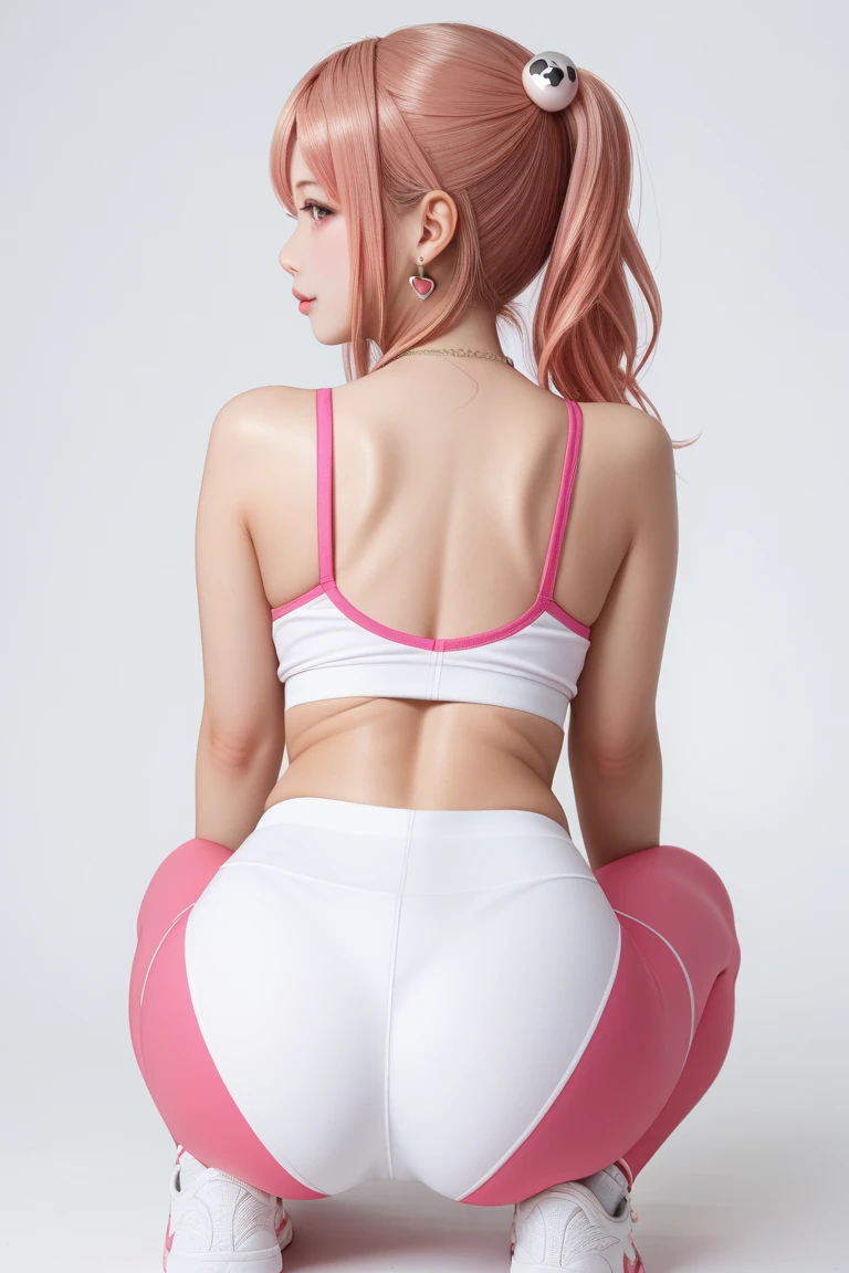 masterpiece, best quality, Pink Hair，White leggings，full-body shot，Perfect gesture，Ass Focus，She faced the audience with her Ass，（She turned her back，Ass facing the audience，Tilting head and smiling）,masterpiece, 1 Girl,, Sexy Beauty, Surrounded by vendors, Beautiful goddess girl, Beautiful and delicate face, Asian Beauty，Cute sweet smile，One of her hands was touching her buttocks，Pink long hair，Red slim fit top，showing his arms，She was wearing pure white skinny jeans，The pants are tight，Jeans white，Long red top，Long wine red dress，Bare arms，Burgundy slim-fit long top reveals arms，（Burgundy long cardigan），（Plain white jeans）