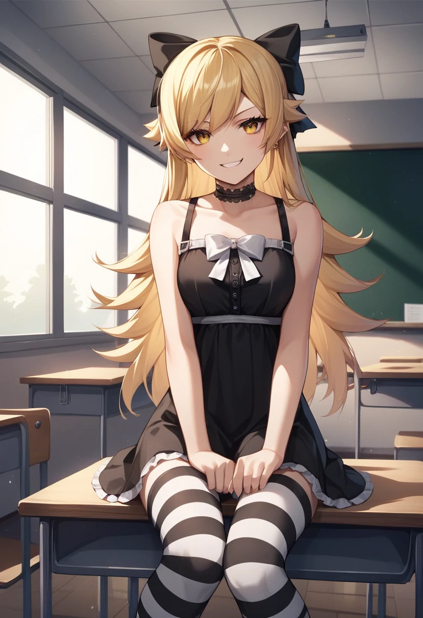 score_9, score_8_up, score_7_up, score_6_up, source_anime, rating_safe,, 1girl, solo, oshino shinobu, tv_gothic, blonde hair, long hair, yellow eyes, black dress, hair bow, striped thighhighs, frills, sitting, classroom, night, looking at viewer, smirk ((no clothes naked, sexy))