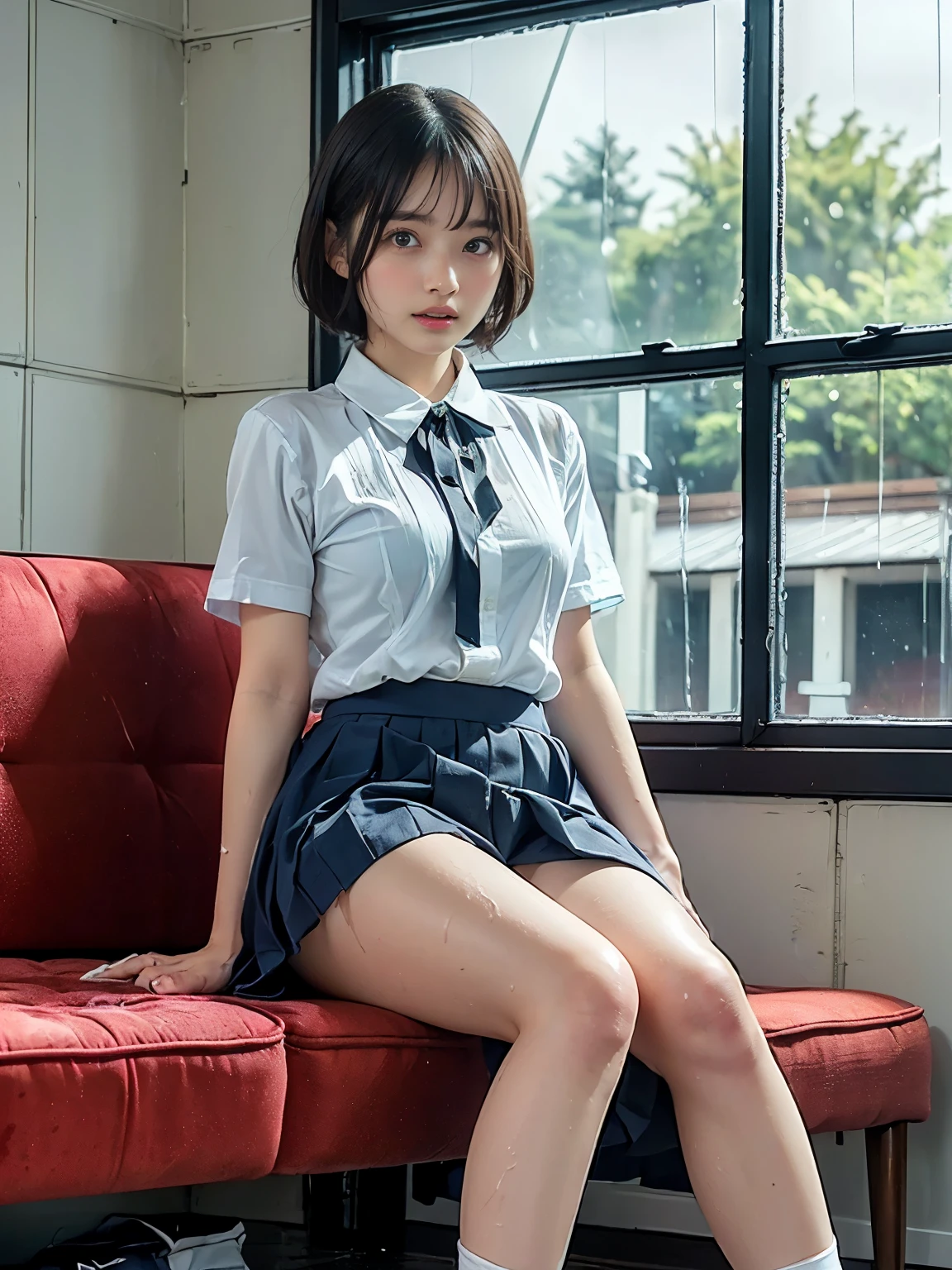 figure fingertips touch own lips with self hand while kneering down and positive approaching for a kiss neat pure girl is beautiful japanese female and beautiful russian female mixed race only in the face age is 15 features of the whole body black hair medium straight bob cut hair style beautiful small face with short eyelashes boyish eyes only high nose dark blue pupils very thin upper lip milky white skin accurate attractive body shape beautiful bust waist hip s thighs knees legs choker and tie on neck take off school uniform with dark blue skirt half opend eyes shy enamored face kindly and slight in hotel