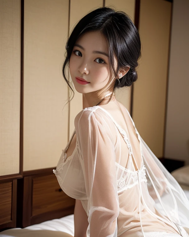 (masterpiece, Realistic, Ultra-high resolution, high quality:1.2),25-year-old woman, (young),(No makeup), (White Sheer Blouse:1.3),Fluffy braウス、Fluffy braウス、The blouse has no buttons、Oversized breasts、Best Breastaximum 、Fluffy bra、Sheer frilly bra、Black Hair, short hair、Hair curled outwards、Hair curls outward、Small curly hair、Wedding Veil、Portraiture, (whole body) , old photograph, 80'style , Dynamic pose, studio, (seikomatsuda:1.2)、Pure white sleeveless
