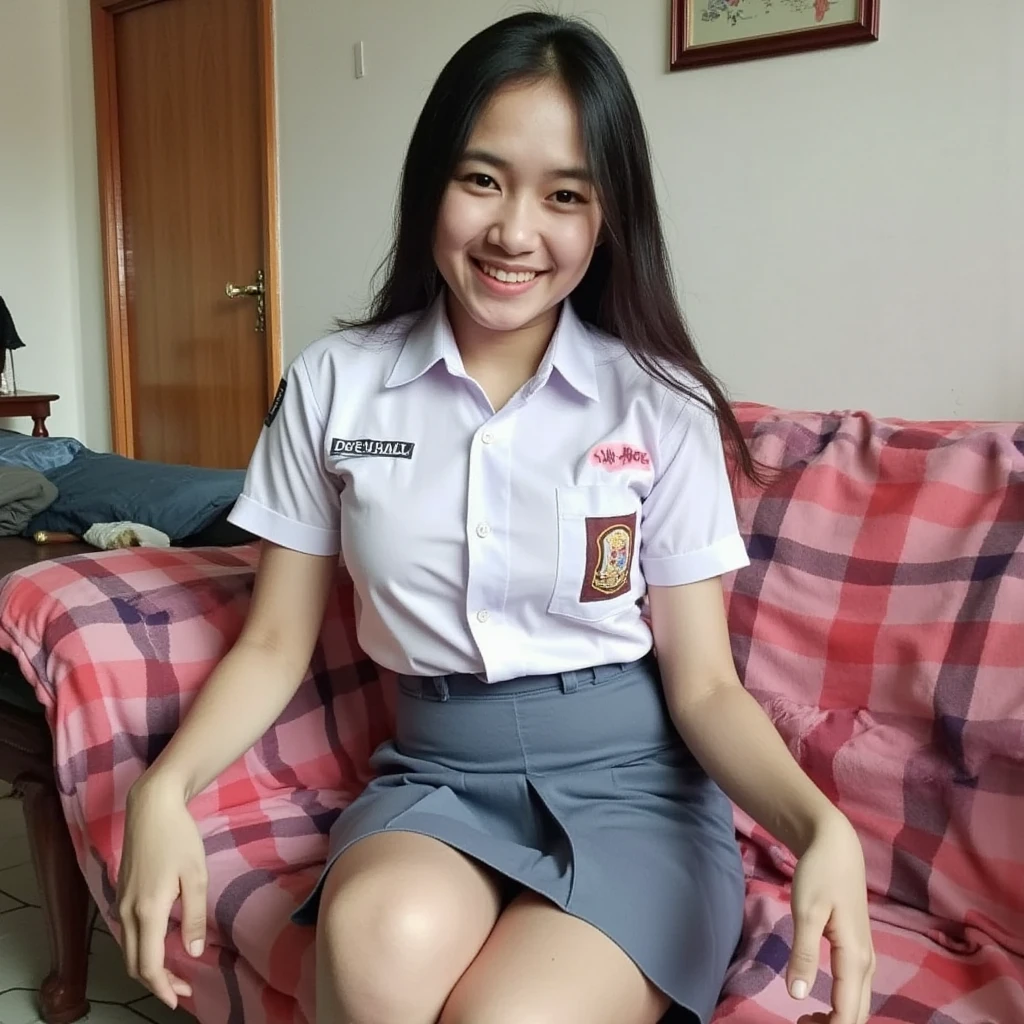 (pp clothes), (realistic), sitting on chair, open leg in skirt, visible panties, white panties,