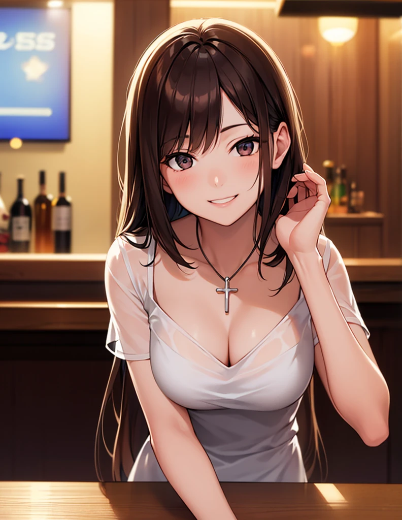 (masterpiece:1.5),(Beat quality),(high res),1girl solo,beautiful face,smile(shining eyes),upper body,light effects,Woman in plain clothes,White wine on the table,bar