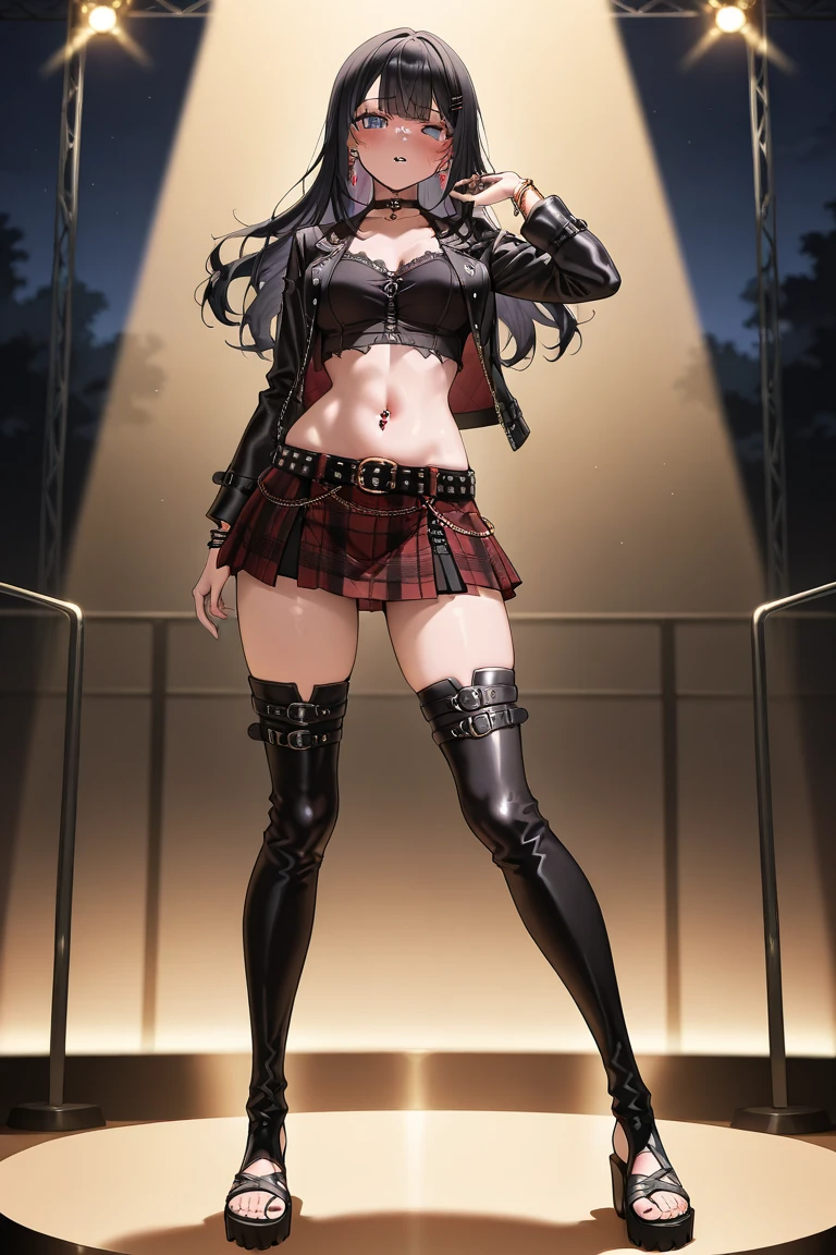 masterpiece, (best quality), RTX, perfect proportions, beautiful, detailed face, (perfect eyes:1.1) ,(photorealistic:1.1), 8k uhd, outdoors, smile, Mika2ndoutfit, 1girl, solo, long hair, skirt, black hair, thighhighs, navel, cleavage, bare shoulders, jewelry, very long hair, green eyes, collarbone, red hair, earrings, small breasts, boots, detached sleeves, choker, midriff, belt, miniskirt, black skirt, black footwear, streaked hair, crop top, thigh strap, halterneck, black choker, ring, cross, single thighhigh, fishnets, black nails, asymmetrical legwear, black belt, platform footwear, straight-on, fishnet thighhighs, cross earrings, platform boots, <lora:Mika2ndOutfit:0.85>