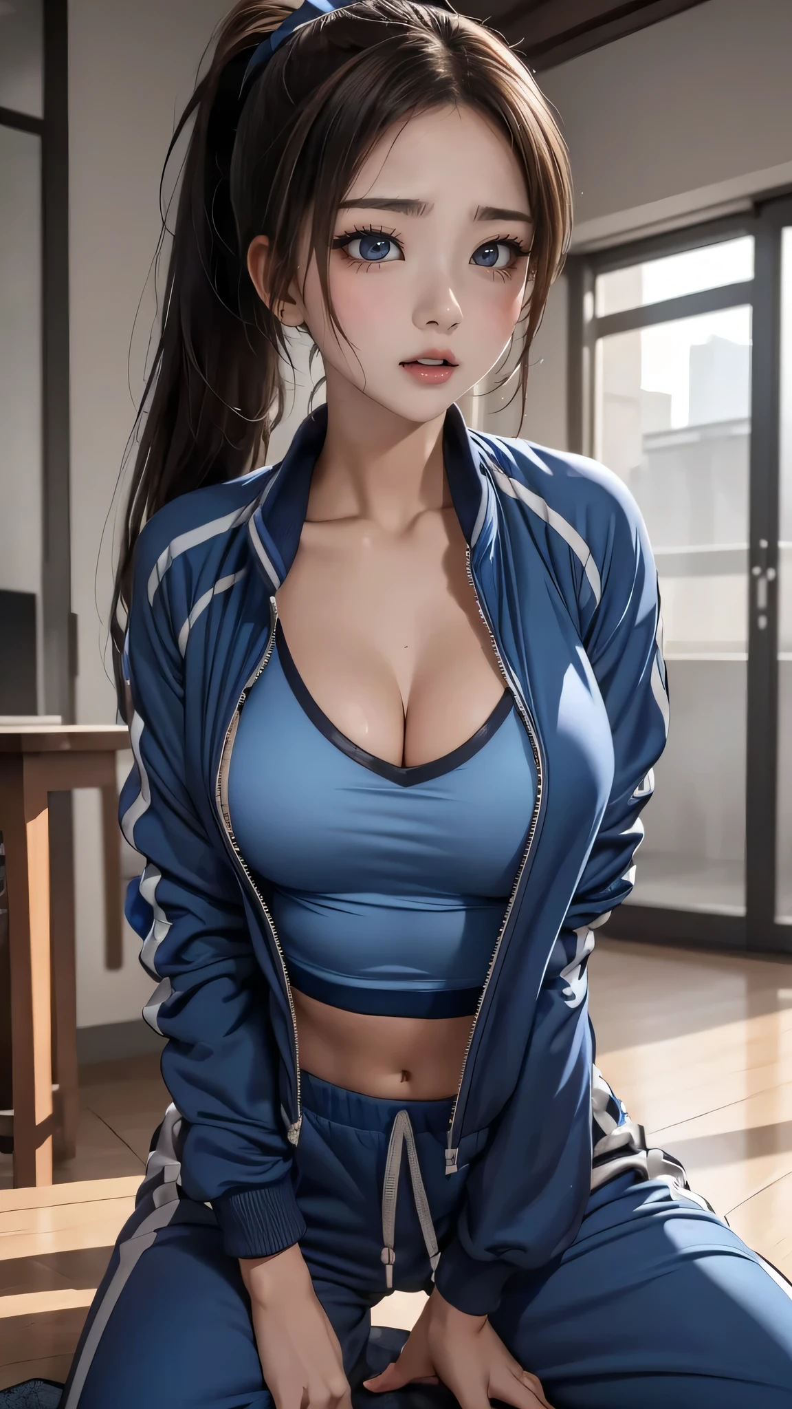 locker room,sexy track suit,(Thin type:1.5),(large breasts),(random hairstyle),(Highest image quality,(8K), Ultra-realistic, Best Quality, High quality, High Definition, high quality texture, high detailing, Beautiful detailed, fine detailed, extremely details CG, Detailed texture, realistic representation of face, masterpiece, presence)