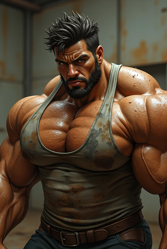 un guardaespaldas exageradamente musculoso y grande, stocky constitution, barba, hombre afroamericano de piel oscura, shaved hair with square line, (stern expression: 1.2), sin camisa, (bara pectorales: 1.9), (pelo de brazos y pecho: 1.8), retrato de primer plano HD, (cowboy angle), (aula)