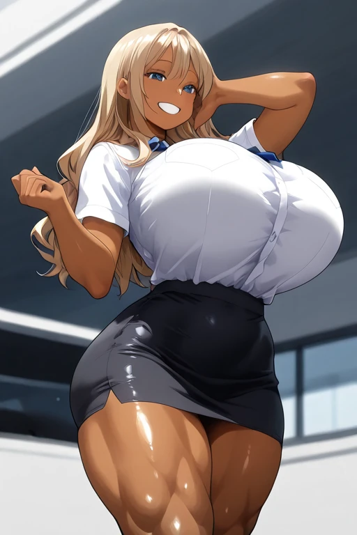 (((unryuu \(kancolle\)))), clivage, very long braid, single braid, messy hair, asymmetrical hair, white hair, scrunchie, smile, regarder le spectateur, cheveux asymétriques, tresse simple, heterochromia, blue eyes, green eyes, gigantic breasts, mature female, seins gigantesques, clivage, SFW, chemise blanche, chemise à col, jupe noire, collants, Arms on the sides, debout, office lady, pencil skirt, short sleeves, outdoors, (((giantess))), buildings,