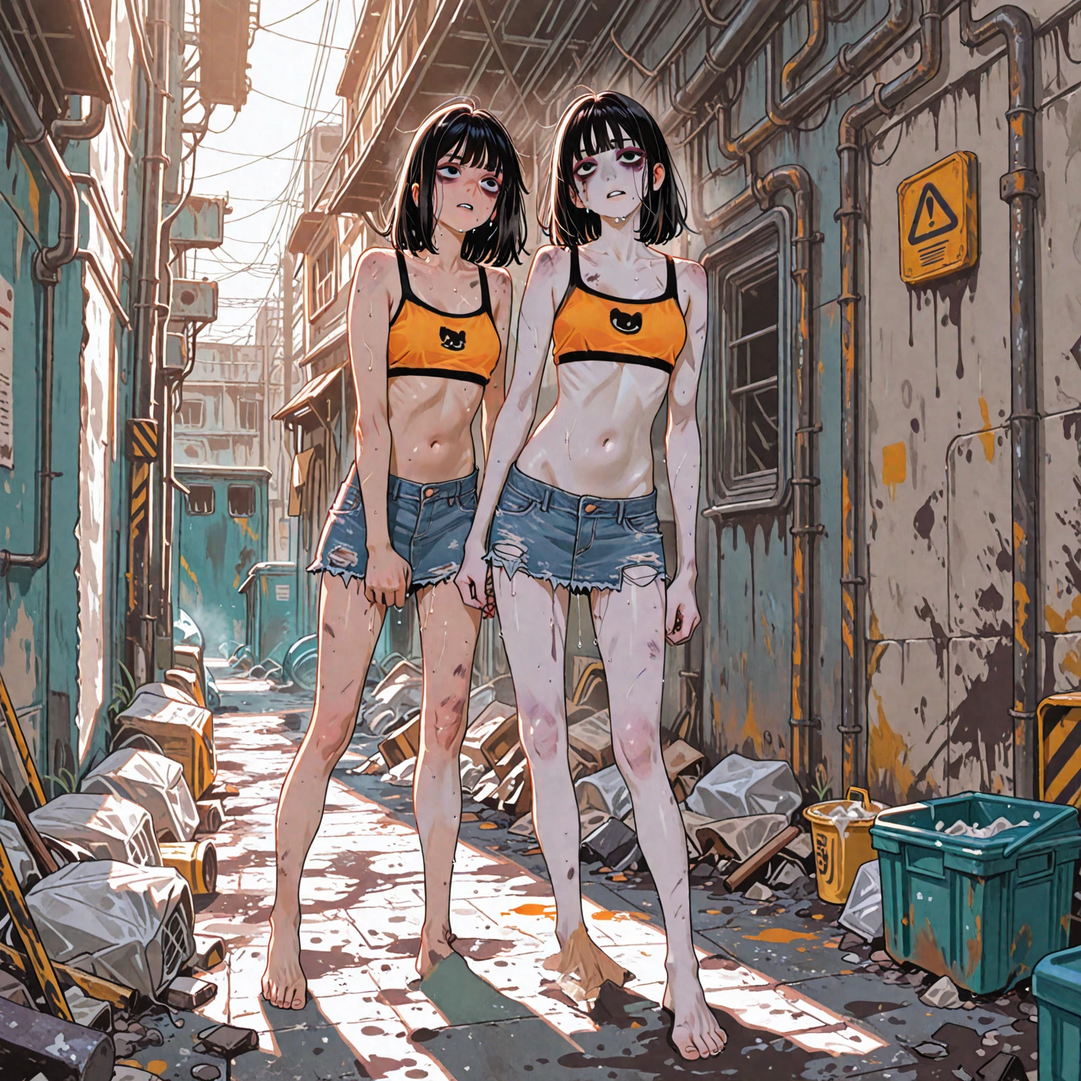 Gentle slim (skinny) girl 16 years old with an exquisite, perfect, very beautiful face of the southern type with large alien eyes with dark amber hair, naked with beautiful tender bare breasts (with pink tender nipples) with bare hips (in a long old brown skirt) (barefoot) in a post apocalyptic city (on another planet) (on the street next to a fantastic futuristic spaceship), setting sun, (delicate mint and blue shades), peach and golden shades, freshness and coolness of the evening, tenderness, Fantastic surroundings, (The girl is wearing electronic bracelets and rich precious jewelry on her neck and chest, bare chest), buildings and control panels, Signal lights, (coffee and books), ((Flying saucer)), ((old appliances, apparatus)), Friendly face, post-apocalyptic, everything is overgrown with grass