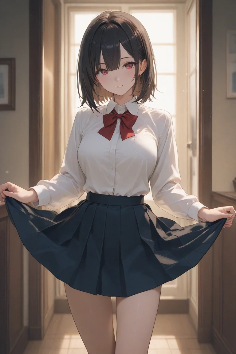 Ultra-detailed finish、High resolution、highest quality、Masterpiece、Ultra-detailed beautiful faces、Beautiful dark eyes、High school girls、Very cute beautiful girl、17 years old、mini skirt、Black socks、I'm wearing brown loafers、Inner thighs、Are standing、Slim and long legs、(embarrassed:1.2), (blush:1.1), brown hair, messy hair, short hair, indoor, ????? nipples, pussy juice