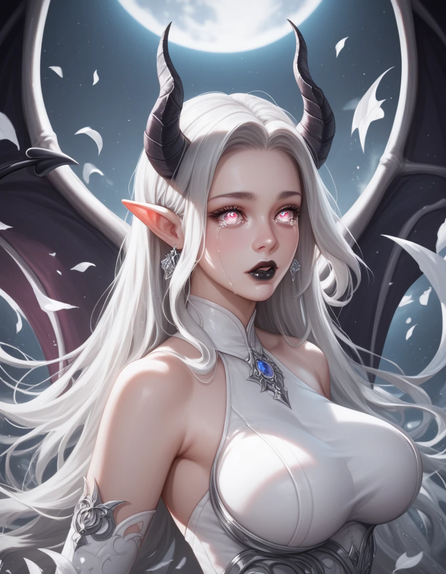 (Best Quality,4K,8K,hight resolution,masutepiece:1.2),Ultra-detailed,(Realistic,Photorealistic,Photorealsitic:1.37),Succubus,Demon Horns,Demon Wings,demon tail,Illustration,Black chiffon dress with cape,Long Satin Gloves,Moon-shaped pendant,Crystal Wand,Pointy hat