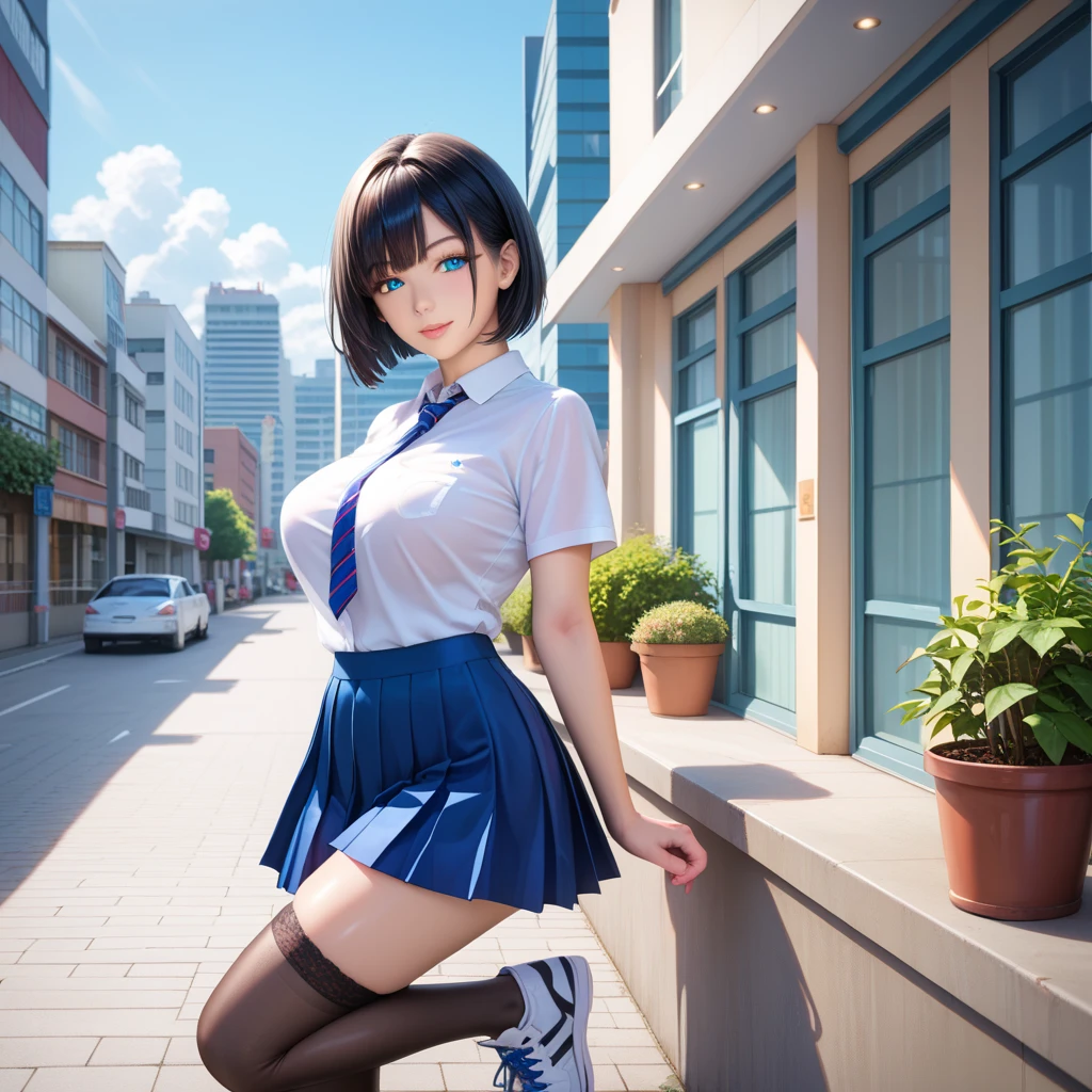 Black hair short, short blue clothes with white collar sleeves, blue shorts, black stockings, white waist belt, white shoes, girl, outdoor