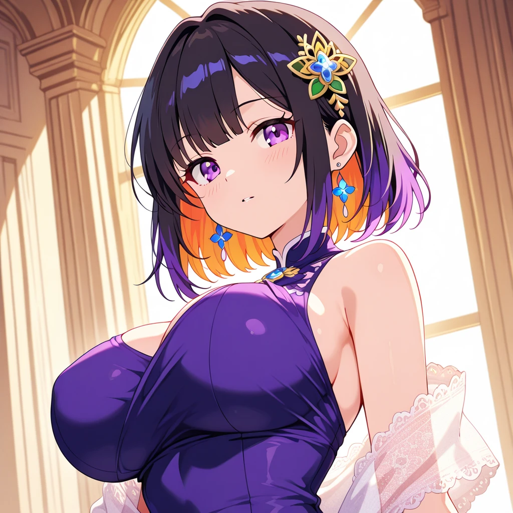 (((NSFW))), a stunning magica fantasy full-body portrait of a busty woman in dark purple racy sexy lingerie, wearing a garter belt, aged 27, emphasizing feminine features Plunging neck Lines, Slender Body, Small Ears, Brown Hair, Short Wavy Hair, Smiling Happy, Dynamic Pose, Ticker, Fantasy, Extreme Detail, 4Kde, Ultra HD, Trending on ArtStation, Polished, Radiant, Photo Vibrant, background lighting, (8Kdende UltraHD), Unreal Engine 5 potions, intricately detailed, 3D vray details