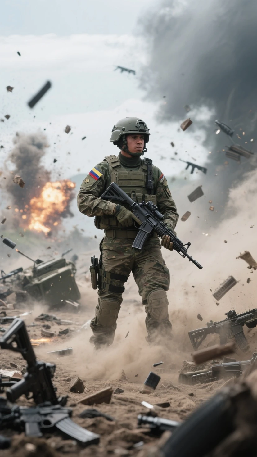 soldado em um campo de guerra, difficult, Dramatic moment (corrigir rosto)