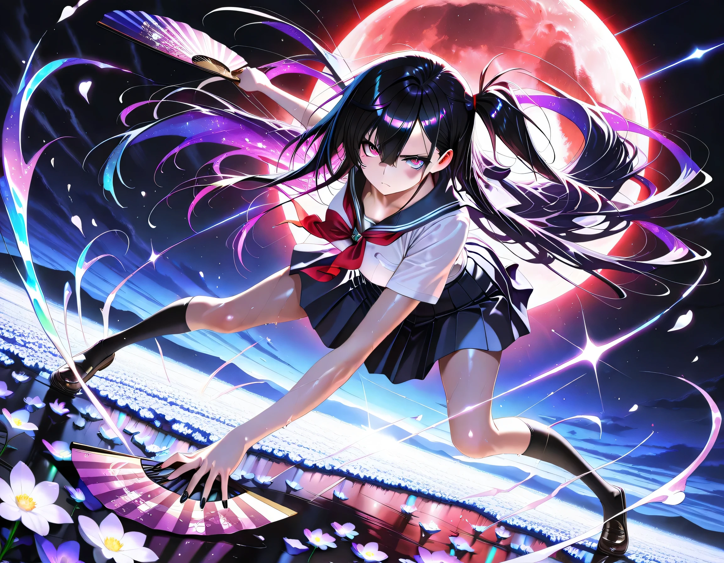 masterpiece, top quality, Super Detailed, 8k, full body, dynamic poses, cinematic lighting, solo, 1 woman, sharp purple eyes , multicolored eyes , hair between eyes , long side bangs , black hair with fine purple strands , very long hair , medium breasts
Japanese High School Girl , pleated skirt, sailor collar, black thigh high socks, glossy skin, holding weapon, holding weapon, fan, ornament fan, the fan blade looks like petals, black claws on the fan, weapon fan, , Desolate World 、Black sky and red moon、small flower field on dead earth, raindrop, Wet, Disconnect, side ponytail in a low position, serious expression, Semi-realistic, anime style, masterpiece, best quality, amazing quality, very aesthetic, 8k, HDR, cinematic, Glowing_Lights, glowing_light, glowing, glowing_effect, sparkling, particles, sparkle_effect, light_particles, glitter, glitter_effect, bokeh, light_bokeh, light_reflection