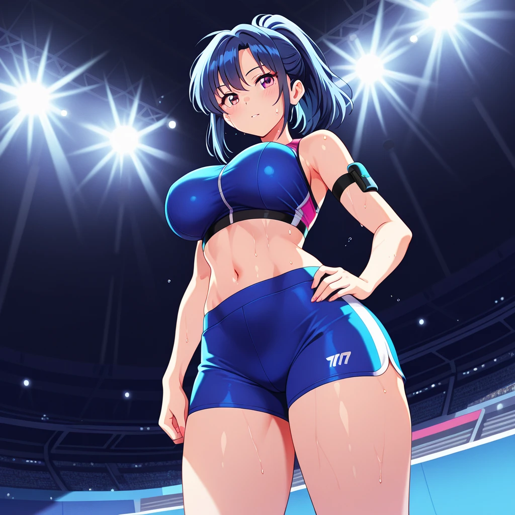 (8k, masterpiece), high resolution, high quality (best quality), komi shuuko, teacher, with a seductive look and smile, at an anime event, spectacular dynamic lighting, beautiful eyes, delicate face, detailed skin, detailed breasts, vivid colors,