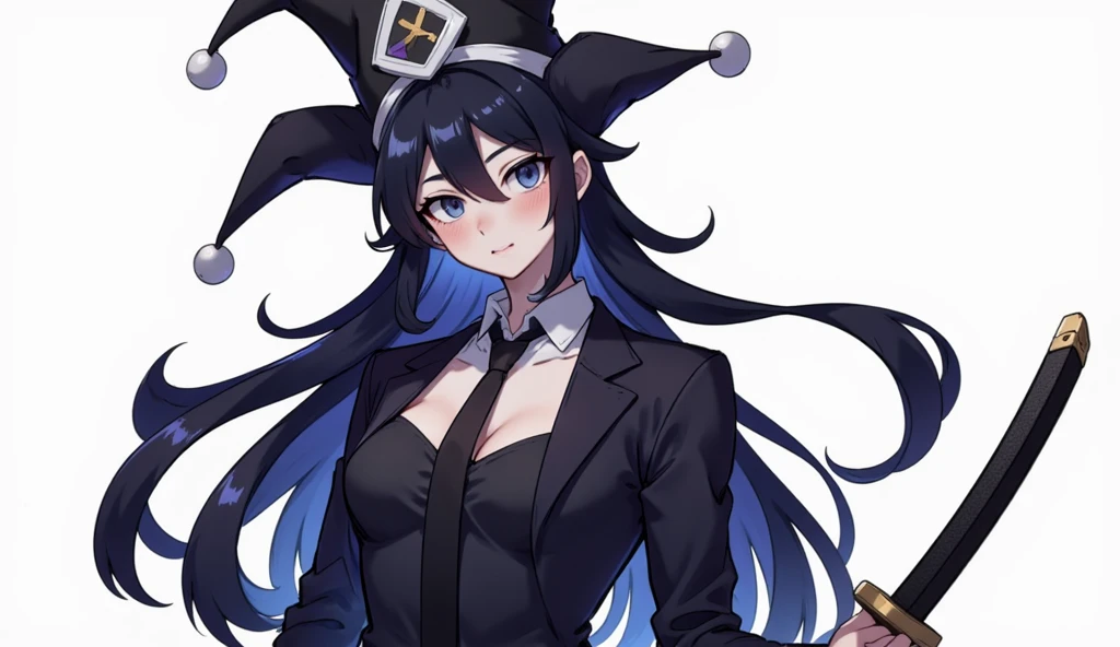anime girl, dressed like a magician, blue hair, black top hat, smiling, magical assistant, wearing a black blazer, white buttoned shirt, black leggings. body tattoo, 4k good anatomy