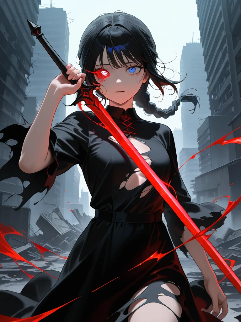 In the spotlight, The background is a dark and desolate landscape, Horror movie atmosphere. Her figure is very beautiful, Emphasizing the dark and crazy elements. Skillfully expressing the effects of light and shadow, detailed, The face and expression of the black costume are also carefully drawn.....,(Tilt your head:1.2), ([sketch|watercolor \(Moderate\)]:1.15),Chaotic abstract background, Vector Trace, Gradient blending and whole body, Artistic elements add depth to the work. The overall atmosphere is creepy and nightmarish....., With a unique artistic touch. This movie is、The dark and crazy world of horror movies depicted in HD., Evoke visual stimuli and aesthetic sense