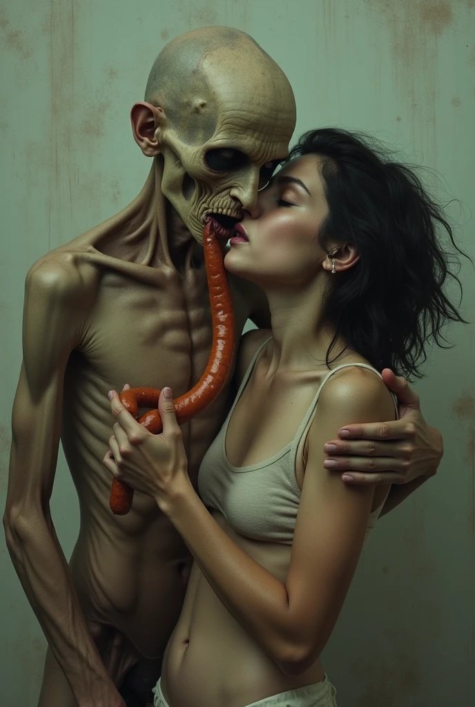 (((photorealistic:1.4))), ultra realistic, pores, (((masterpiece))),high quality, ultra details, realistic white skin beautiful face pretty korean idol girl showing very long sharp black shiny fingernails, long yellow hair, nude, naked, sitting next to tired expression of realistic ugly old man tied up on the bed with throat ripped and amputed, showing gore organs, rope on the neck, scratch mark, blood splatter everywhere, extreme gore, looking at camera, night, luxury modern hotel room with torture device on the table, high key, bright, torture devices, bottles, 