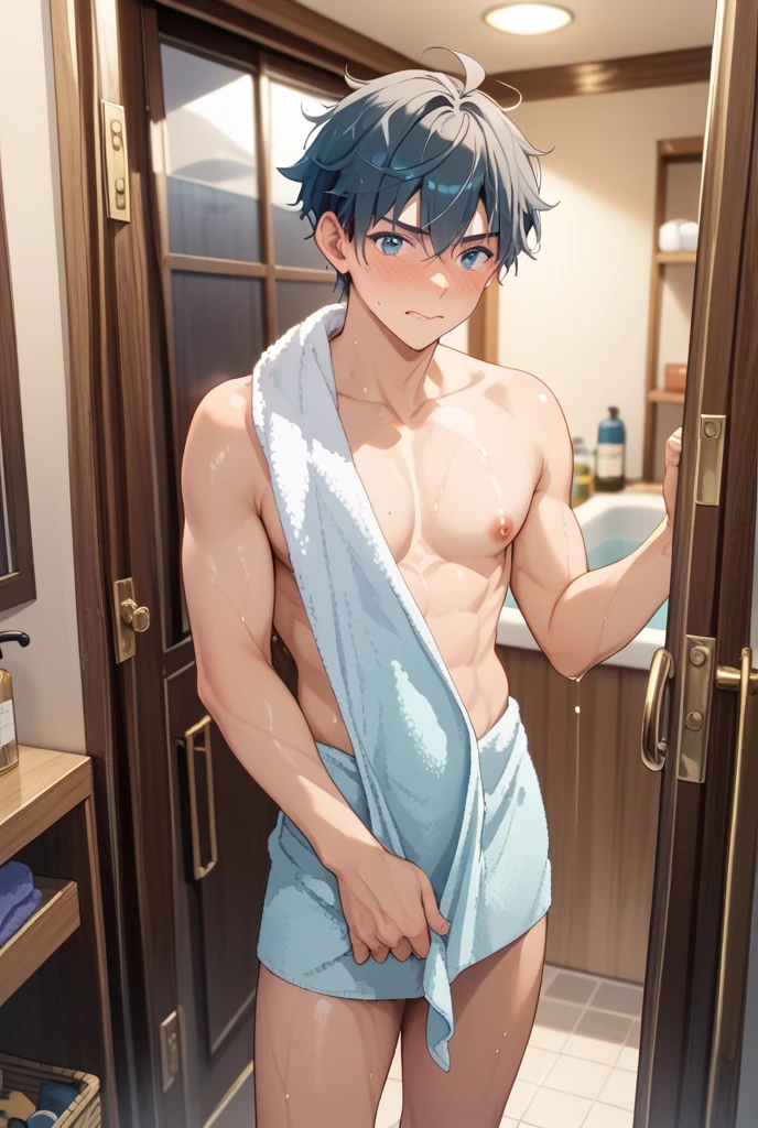 sweaty , steam , short hair , spiky hair style, wet , muscle , cute , lewd , sauna , boner , lewd smile, hot , shota , underage , boy , infancy , ecchi , hentai , no shirt , underwear , male