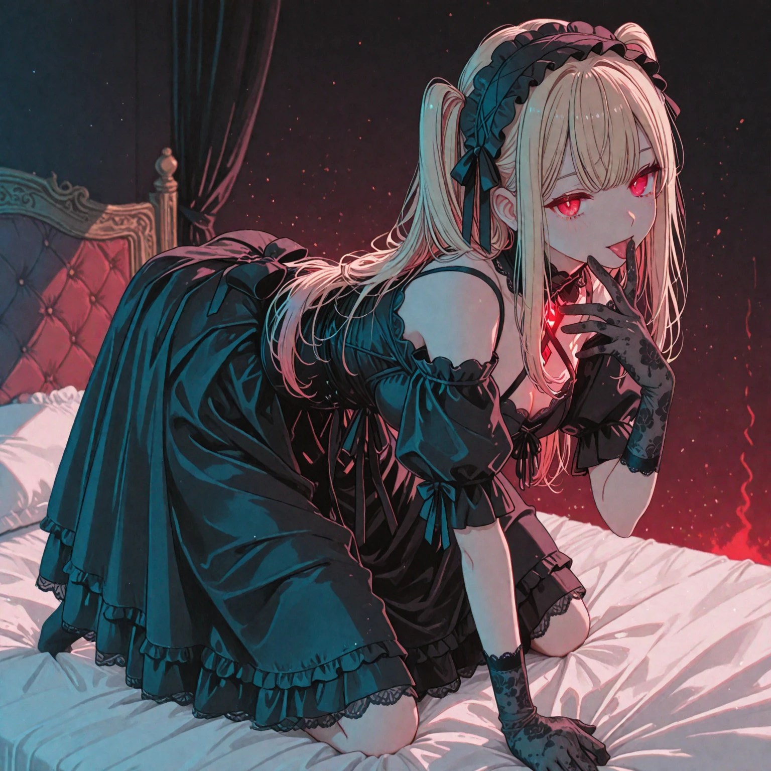 ((ONE girl)), purple and red color scheme, night, spooky atmosphere, laying on couch, looking at camera, sexy, thigh high socks, black ruffles and lace, choker, shy, elf ear piercings, blonde hair, red eyes, halloween, pumpkin