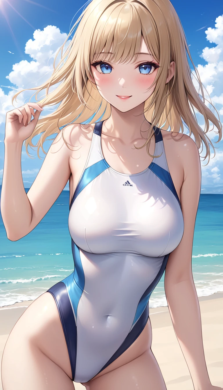 1girl,large breasts,blonde hair,long hair,(white conpmpetition swimsuit:1.5),cameltoe,blush,masterpiece,Noise Reduction,perfect anatomy,high resolution, ultra-detailed, ultra-detailed face,game cg,dutch angle ,beautiful detailed eyes,visualart,five fingers, perfect hands, perfect lighting, sparkling pupils,