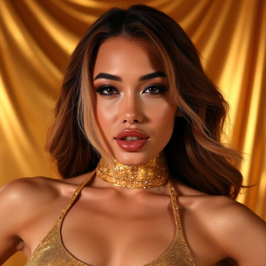 Winnie Harlow in high-fashion campaign for Balmain jewelry, glittercore long exposure beauty shot in gigantic mirror prism, hundreds of reflections. Utilize 50mm lens, full-frame camera with a depth of field set to 16f and shutter speed at 4 seconds, dynamic compositions and storytelling, ensuring the scene captivates with both fashion finesse and narrative intrigue