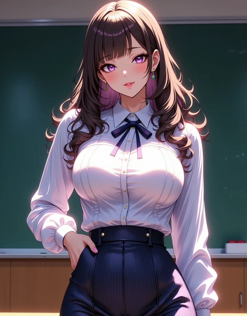 ((A woman is on all fours, ((highest quality)), (Super detailed), (Very detailed CG synthesis 8k wallpaper), very detailed, High resolution raw color photos, professional photography, ((beautiful big breasts)), brown hair, side ponytail, wonderful face and eyes, slender body, (amazingly beautiful girl), (school classroom:1.3), (blazer, white shirt, checked skirt, Red ribbon at collar), (Her shirt is open around her chest, exposing her bra, Stylish pink micro bra), Exact number of arms, Exact number of legs, perfect anatomy, Angle from the side, Merula
