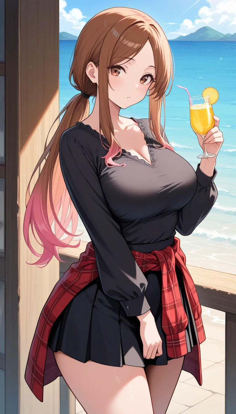 High resolution, high quality, One girl, Anime Girls, Brown long hair, Brown eyes, Pink Glasses,heart shaped pupils,Sunburned skin, Super big breasts,beautiful breasts,pointy breasts,(Big Ass),pink waitress,Soft cream,Shortcake,pancake,parfait,Pudding,Banana smoothie,orange juice,Mango juice,Sit on a chair,smile,at flower garden,morning glory,