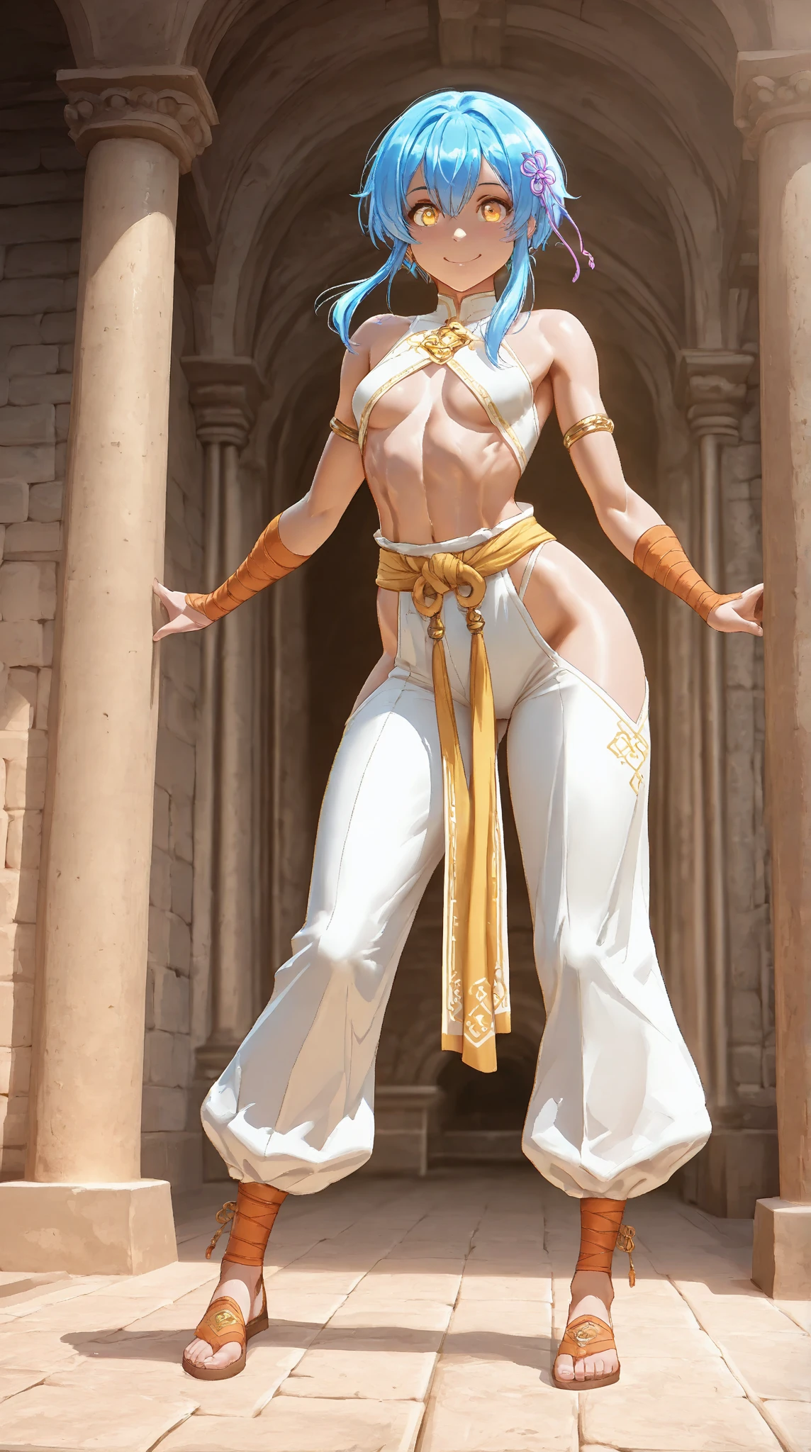 26 year old Caucasian female、Platinum Blonde、Three-ply chignon((triple bun))、blue eyes、Sexy proportions、Narrow waist、Long legs、7 heads、Beautiful fingertips、Front cutout((front cutout))Wear tops、Wear leggings、Wear stiletto heels、Top view、Old concrete wall background、smile、Arms crossed