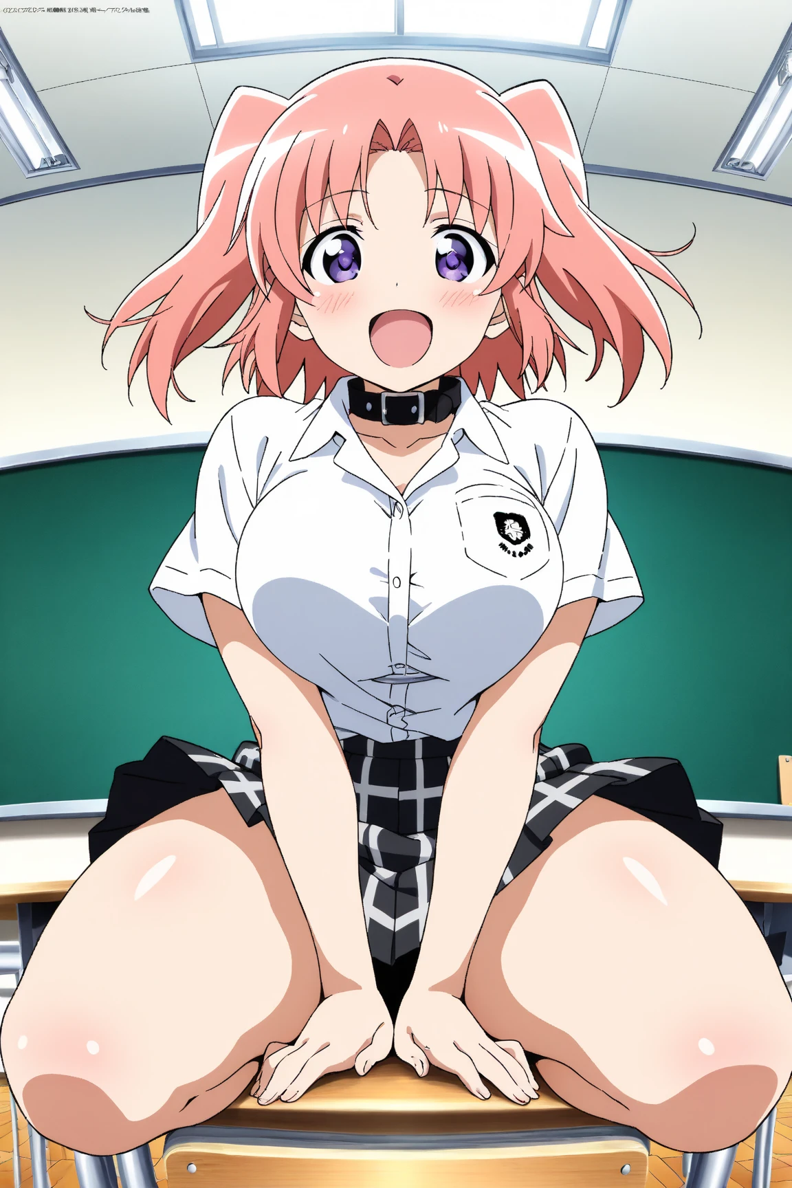 ((1 girl)) ,classroom floor, Yuigahama Yui , squat,wear sneakers,school uniform,blazer,shirt,check skirt,white socks,(Pussy cameltoe in panties:1.0),(Love juice in panties:1.0),(pink lace panties:1.0),
