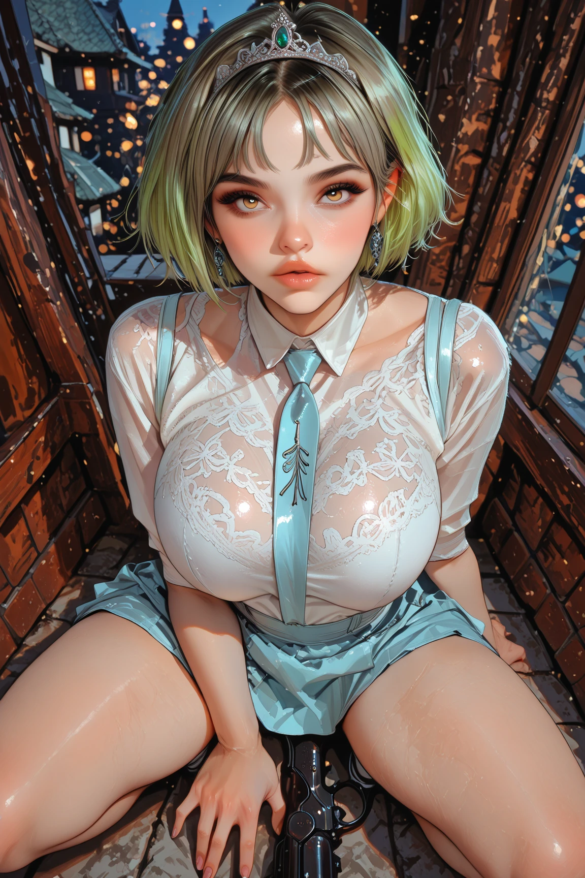 Highest quality、8K、(White Bunny Girl)、Fishnet tights、High heels、Bunny Suit、View Viewer、Camera angle from the chest、 all fours、Place your elbows on the floor、((Attach your cheeks to the floor))、smile、Futuristic Living Room、indirect lighting、Room with houseplants、From the window you can see the valley between the city buildings、Night view、Silver short hair、Beautiful eyes、Beautiful Face、Delicate eyes、((Long nipples))