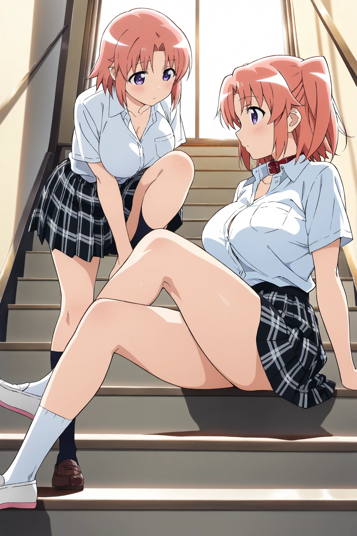 view from ground,(from bottom,from below:1.5),full body, masterpiece, best quality, highres, JK,huge tit,3girls,black bow,black bowtie,blonde hair,bow,bowtie,breasts,hair bun,long hair,looking at viewer,multiple girls,pink hair,pleated skirt,shirt tucked in,short hair,skirt,smile,tented shirt,botanical garden