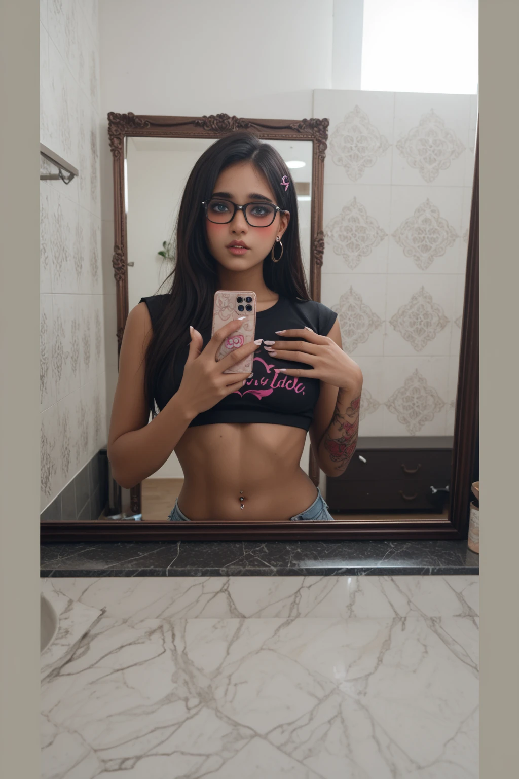Rashmika Mandanna,((banded pony hair style)),(selfie style), ((tall)),(( looking at viewer)),((big cheeks)),30 year old woman,1woman,solo,breasts,(fleshy face),long hair,cleavage,black hair,navel,midriff,lingerie, bedroom , ((nerd glass)),
best quality,masterpiece,illustration,an extremely delicate and beautiful,CG,unity,8k wallpaper,Amazing,finely detail,masterpiece,official art,extremely detailed CG unity 8k wallpaper,incredibly absurdres,huge filesize,ultra-detailed,highres,extremely detailed,beautiful detailed girl,realistic,broad fleshy body, ((perfect eyes nd eyebrow))