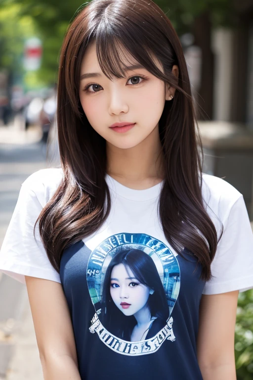 (masterpiece:1.2,Highest quality),Blur the background,One high school girl,((Tshirt)),(Big Breasts),((Sculpture Pose)),((Beautiful and beautiful eyes)),Blushed,Healthy Skin,Observe the audience,(smile),(Date in the downtown area),8K resolution