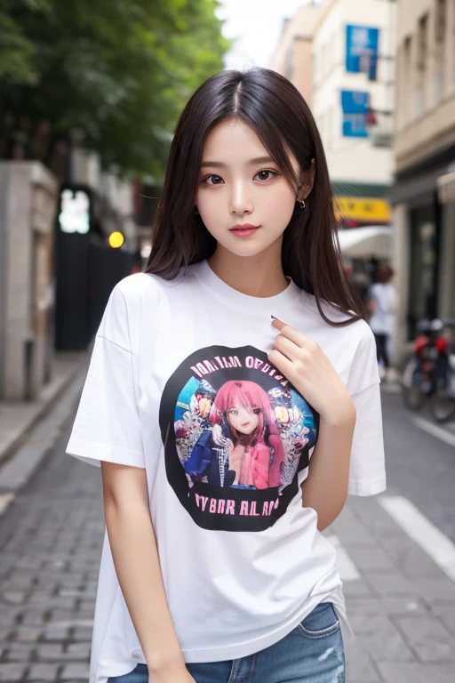 Bright Red in White, (Masterpiece 8K TopQuality:1.2) (ProfessionalPhoto:1.37) PUNIPUNI ExtremelyDetailed (((KAWAII girls in Super Bitch T-shirt:1.4)))