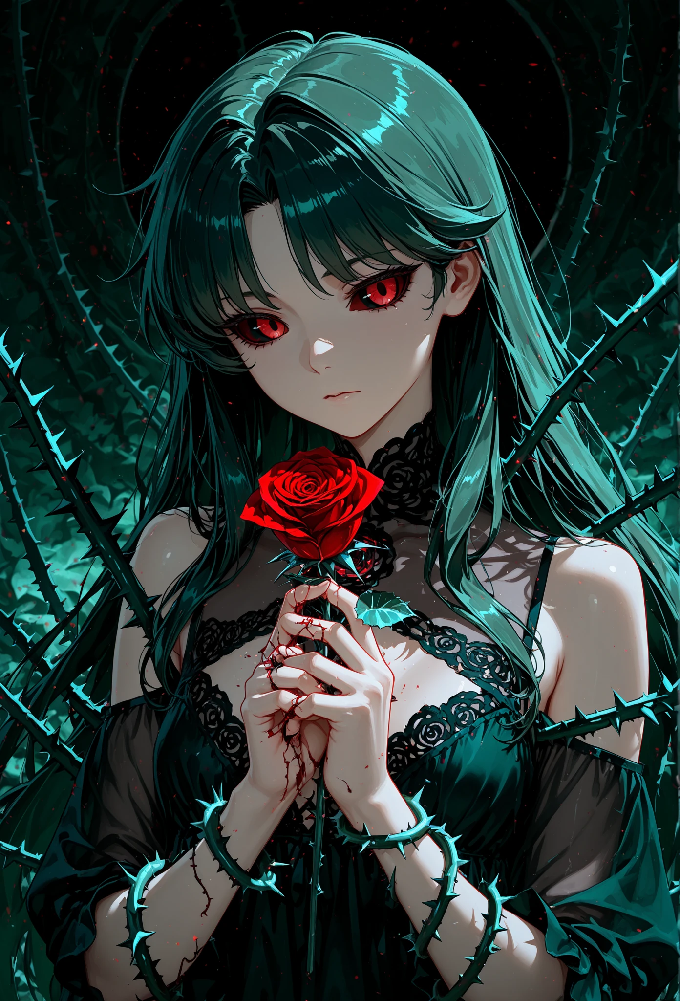 1girl,bangs,black background,black nails,blood,breasts,cleavage,flower,long hair,nail polish,pink rose,red flower,red hair,red nails,red rose,rose,solo,spider lily,thorns