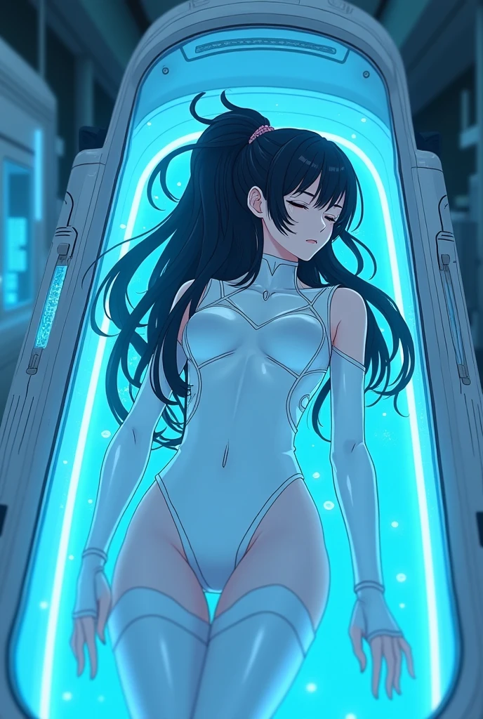 anime, extreme detailed, (masterpiece, top quality, best quality, official art, beautiful and aesthetic:1.2), a naked girl floating in a cultivation tank in a dark room, cultivation tank for winter hibernation, long hair, sleeping, sci-fi scenario, cables everywhere in the room, futuristic space ship interior, nude, complete naked, medium breasts
