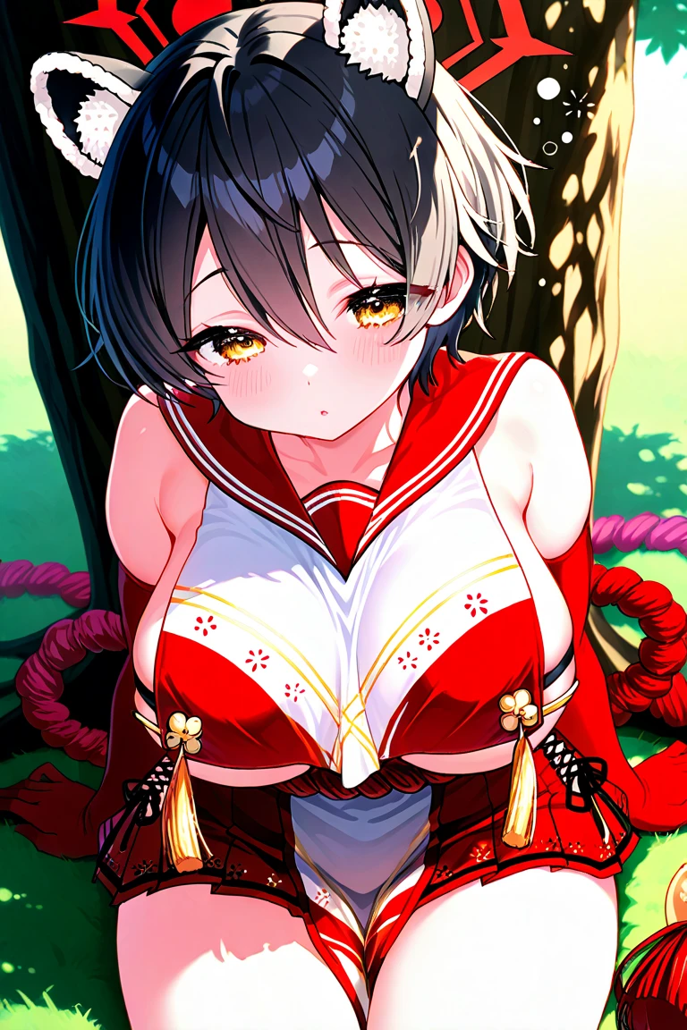 nsfw,(1_girl),(red_thong_leotard:1.5),((white_pelvic_curtain:1.5)),(white_thigh_highs:1.5),(apron:1.5),(open_chest:1.5),(nipple_slip:1.5),(collarbone:1.5),(blush:1.5),(shy :1.5), (eyes_in_highlight:1.5),(droopy_eyes:1.5),(tareme:1.8),(Round_eyes:1.8),(blue_eyes:1.1),(dark_blue_hair), ((hair_bow:1.5)),(hairband:1.5),medium breast, (8K),(masterpiece:1.2), best quality,ultra-detailed,highres,extremely detailed CG,super fine illustration,anime,details,detailed beautiful skin,beautiful face,detailed face,detailed_eyes,(looking at viewer:1.2),(forest:1.5),(fighting_pose:1.5),(long_red_sleeves),