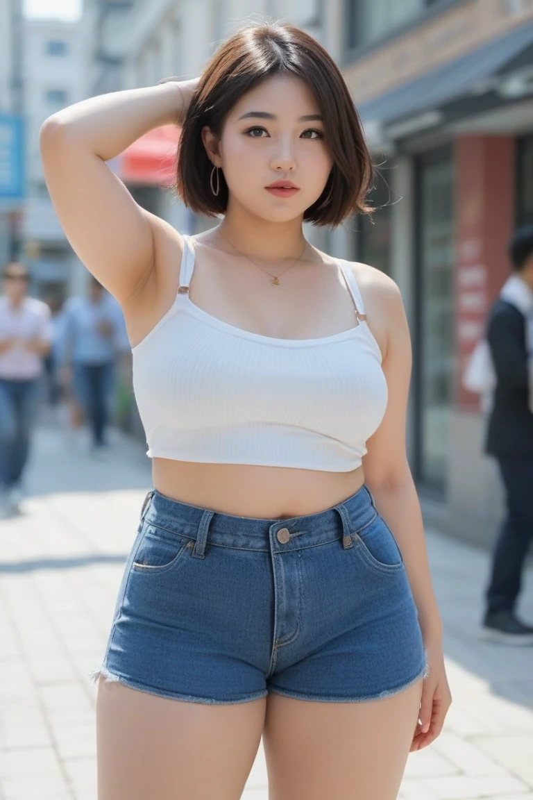 (Canon RF85mmf/1.2,masterpiece,Highest quality,Ultra-high resolution)((美しいぽっちゃり太めの女性20-year-oldソロ)) ((Highest quality、8k、masterpiece))((Photogenic quality:1.5))A plump, chubby body、((Plump round face))Highly detailed CG Unity 8k wallpaper, Highest quality, Super detailed, masterpiece, Realistic, photo Realistic, Highly detailed cute girl, 20-year-old, ((身体にフィットした白いTシャツとウルトラスーパーマイクロ紺色ビキニ姿のFull body portrait)), Focus on panties, A happy smile showing teeth, Slightly open mouth, View your viewers  , Full body portrait ,   ,Big breasts and wide open chest、Short Hair、On an empty street、