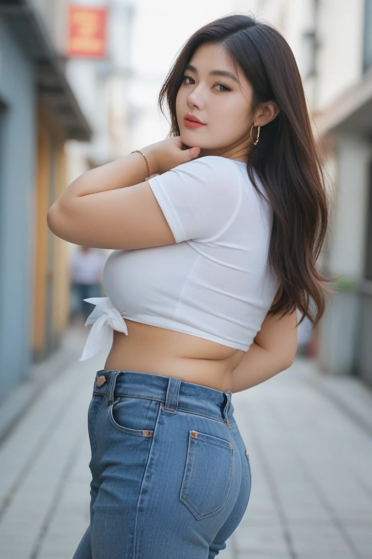((midynight, Need, 8K, tmasterpiece)), Whole body curve, Long legs, Close-up photography, perfect figure beautiful woman, Slim abs, long and dark brown hair, Plump breasts, white tight t-shirt, denim pant, Standing posture, Building roof background, Highly detailed facial and skin texture, Detailed eyes and double eyelids。